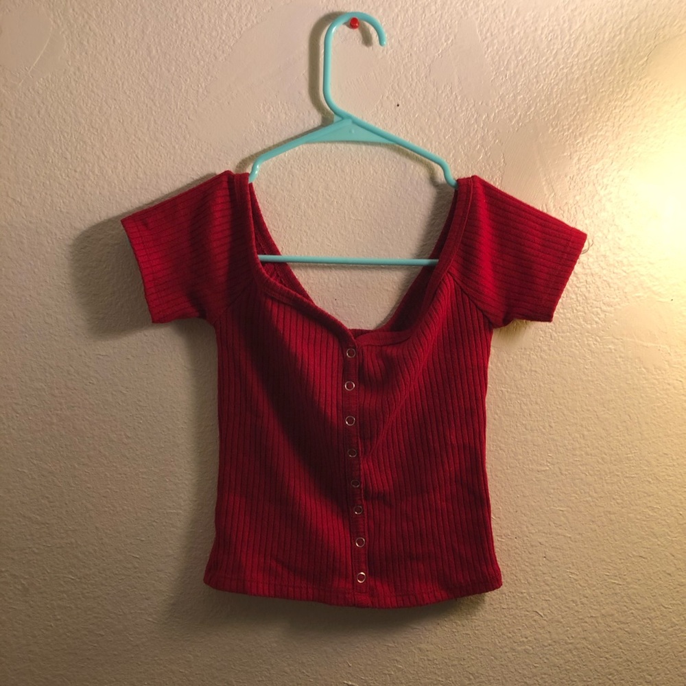 off the shoulder red crop too button down